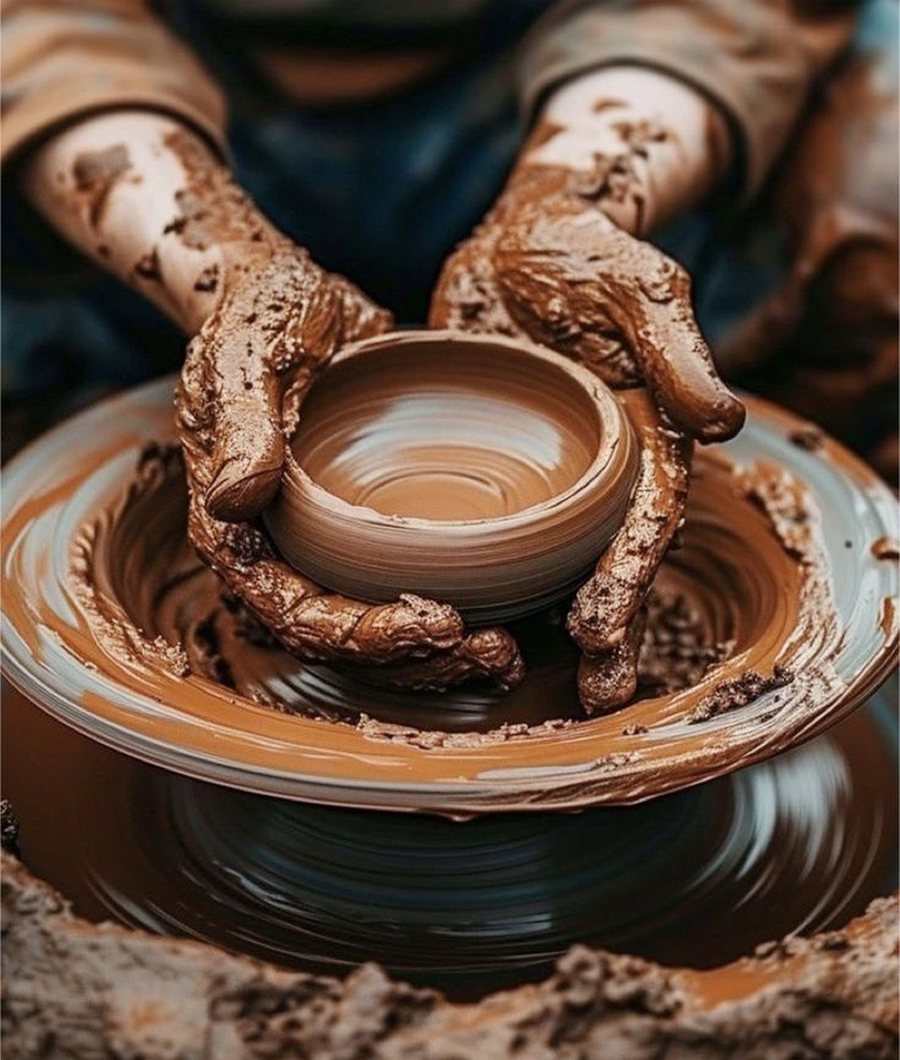 Hands shaping clay on a pottery wheel at Hambu Café