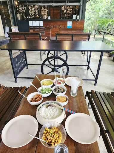 Sri Lankan rice and curry spread with sambols served at Hambu Café