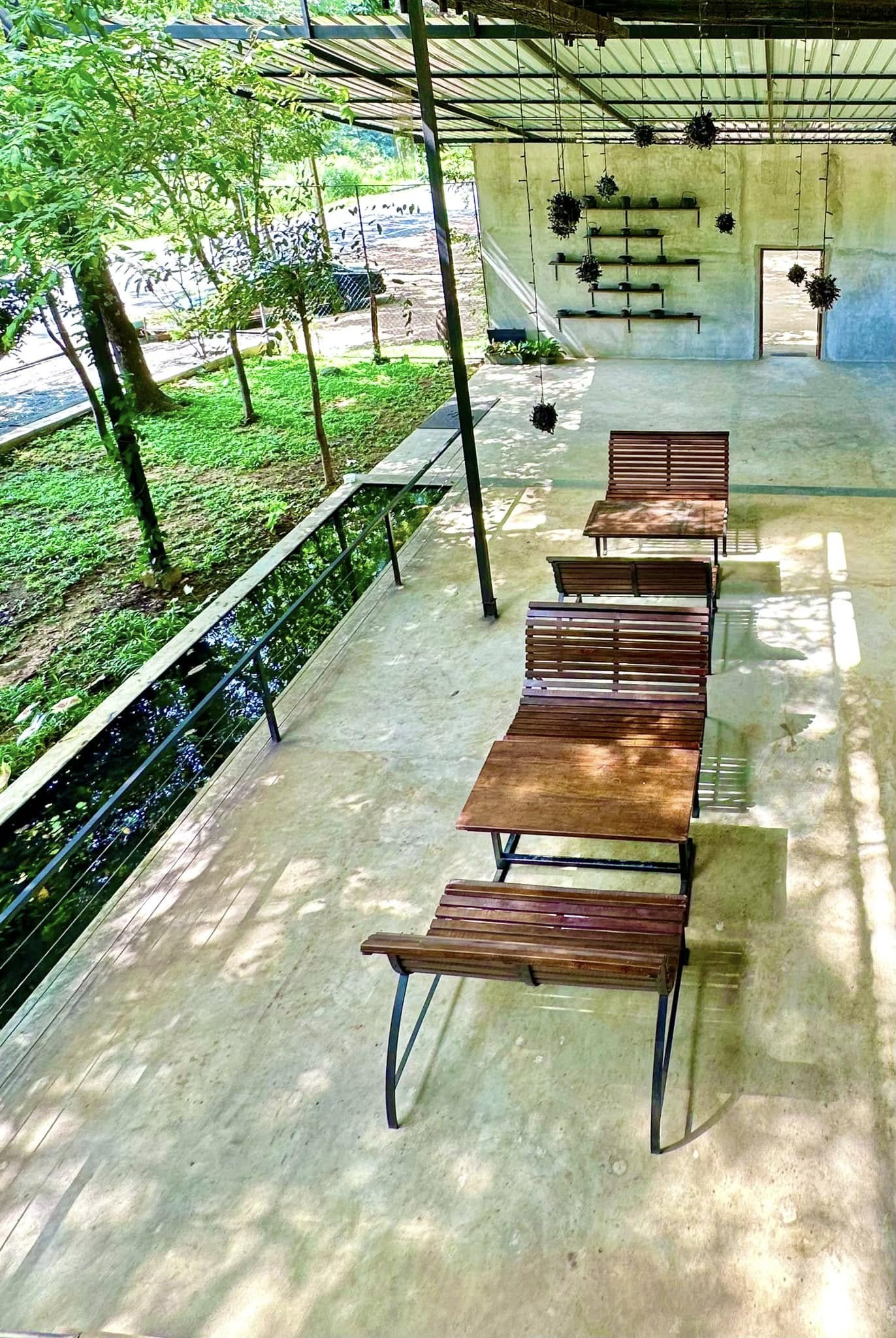 Wooden benches and tables on Hambu Café's upper deck overlooking the jungle and a pond